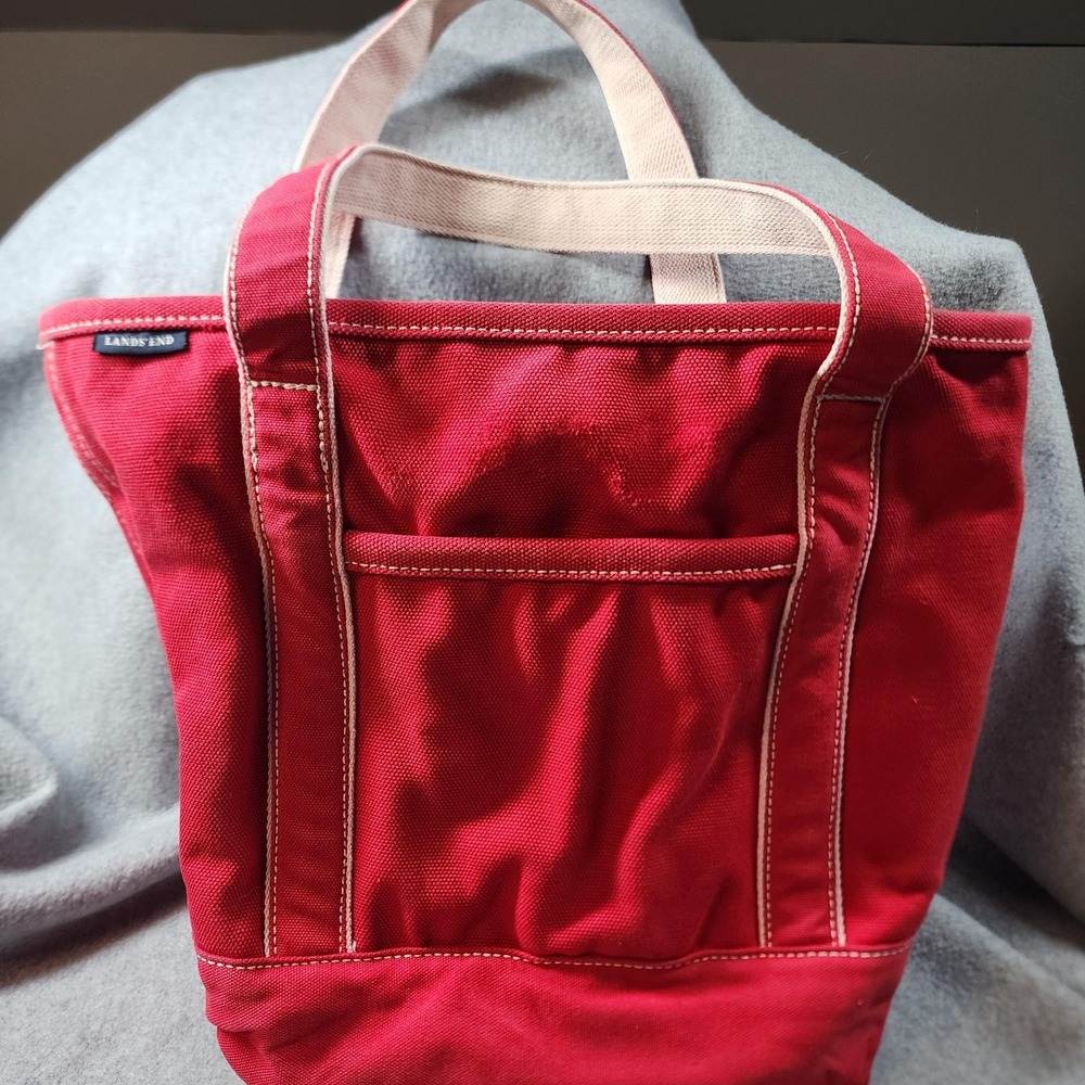 Lands End Boat Tote Bag Red Medium Open Top Heavy Duty Cotton Canvas